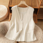 Buddha Stones Summer Vintage Button-Up Solid Women's Sleeveless Shirts With Decorative Pockets