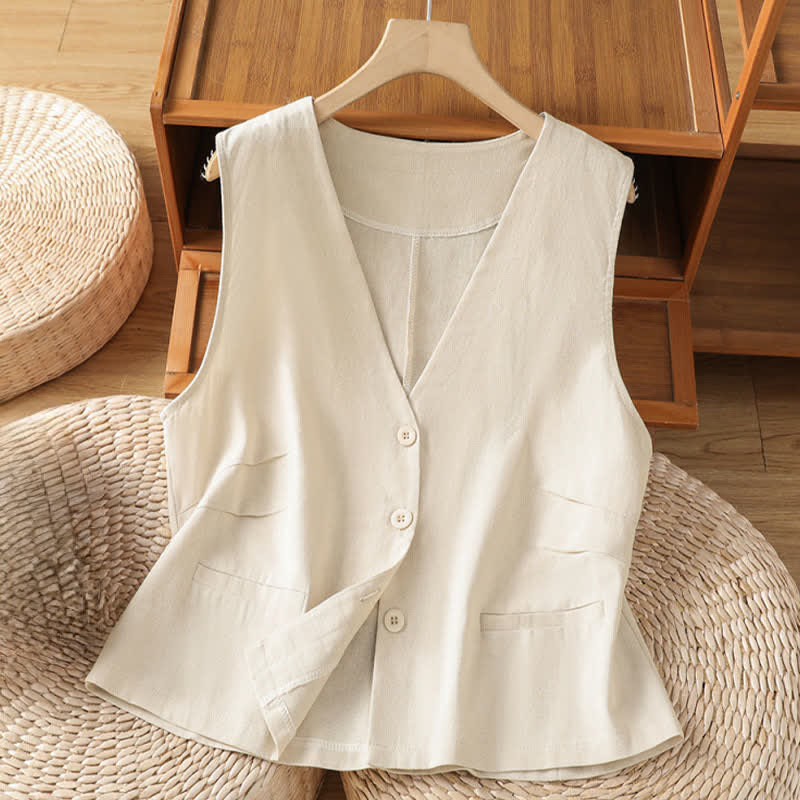 Buddha Stones Summer Vintage Button-Up Solid Women's Sleeveless Shirts With Decorative Pockets
