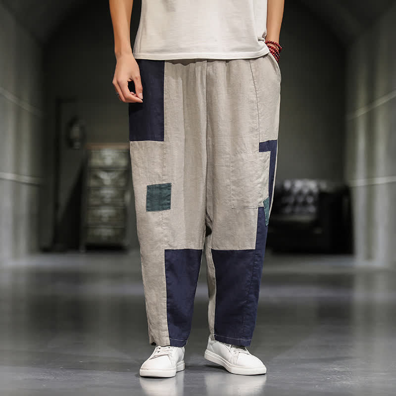 Buddha Stones Spring Casual Color Block Cotton Linen Cropped Men's Harem Pants With Pockets