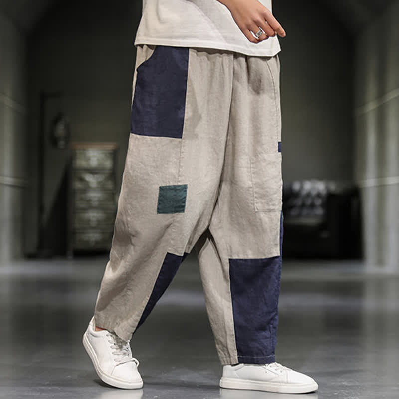 Buddha Stones Spring Casual Color Block Cotton Linen Cropped Men's Harem Pants With Pockets