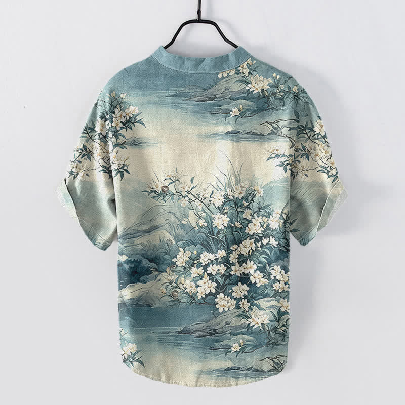 Buddha Stones Cotton Landscape Floral Pattern Men's Short Sleeve Half Button Shirt