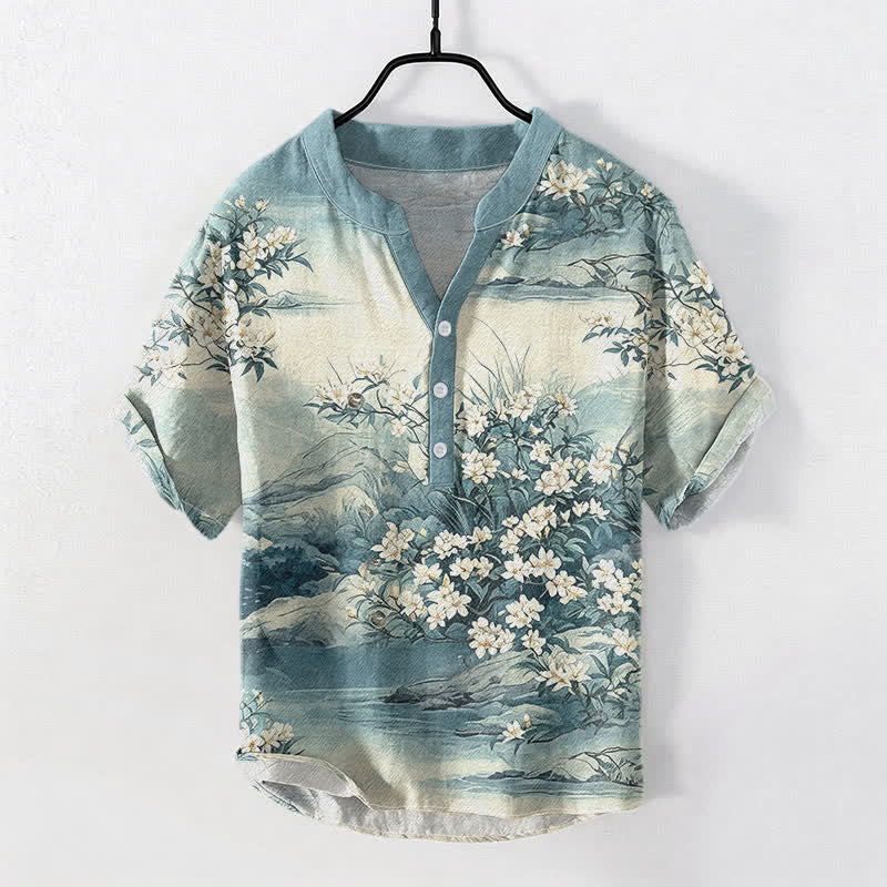 Buddha Stones Cotton Landscape Floral Pattern Men's Short Sleeve Half Button Shirt