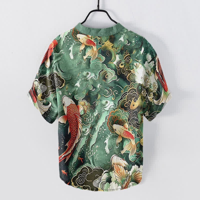 Buddha Stones Cotton Koi Fish Wave Pattern Men's Short Sleeve Half Button Shirt