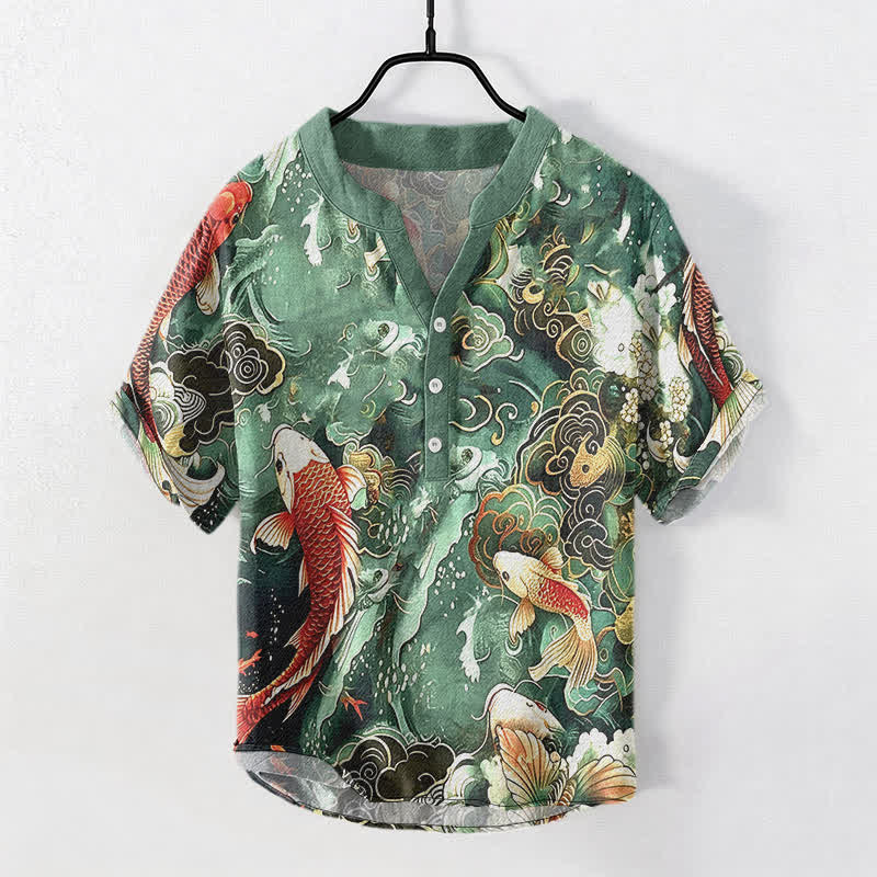 Buddha Stones Cotton Koi Fish Wave Pattern Men's Short Sleeve Half Button Shirt