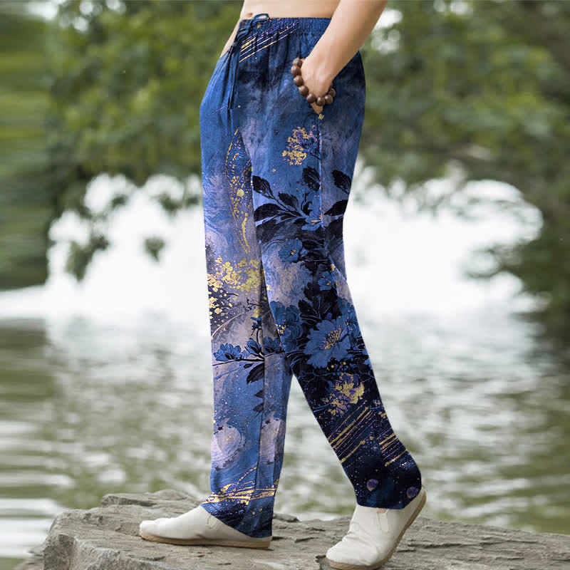 Buddha Stones Cotton Floral Starlight Pattern Men's Tapered Pants With Pockets
