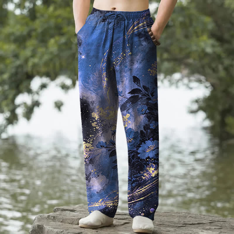 Buddha Stones Cotton Floral Starlight Pattern Men's Tapered Pants With Pockets
