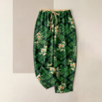 Buddha Stones Pure Cotton Vintage Floral and Grid Pattern Women's Elastic Waist Pants with Pockets