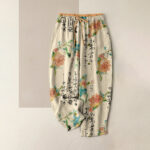 Buddha Stones Pure Cotton Vintage Floral Calligraphy Pattern Women's Elastic Waist Pants With Pockets