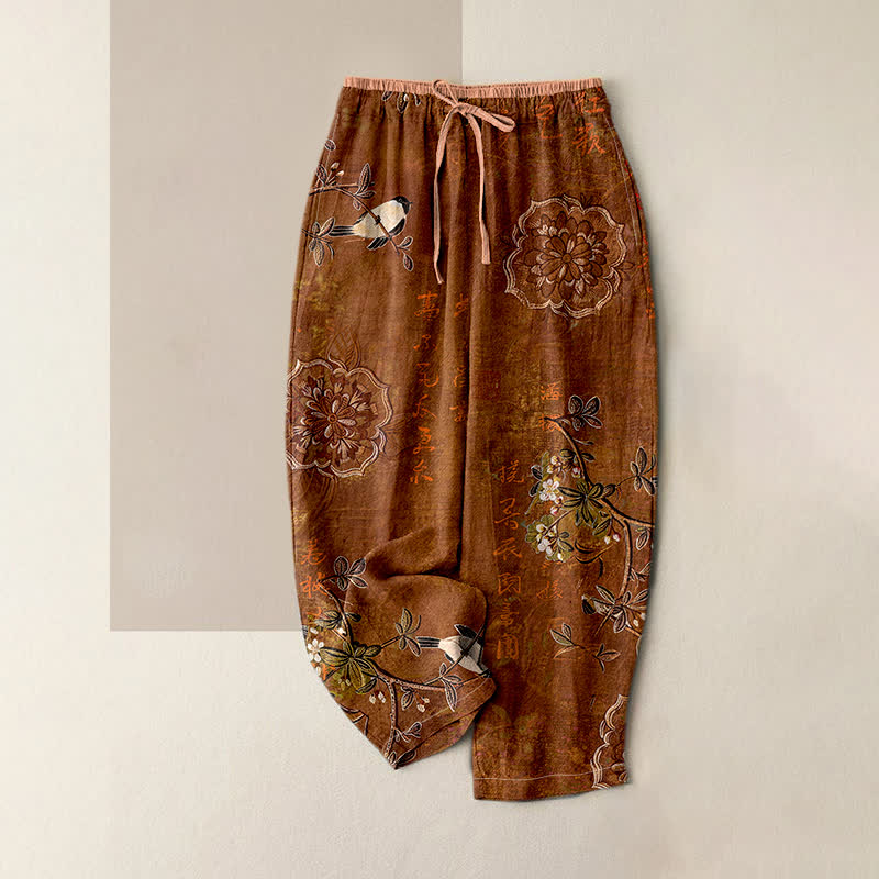 1777346127.jpg Buddha Stones Pure Cotton Bohemian Floral Bird Pattern Women's Elastic Waist Pants With Pockets