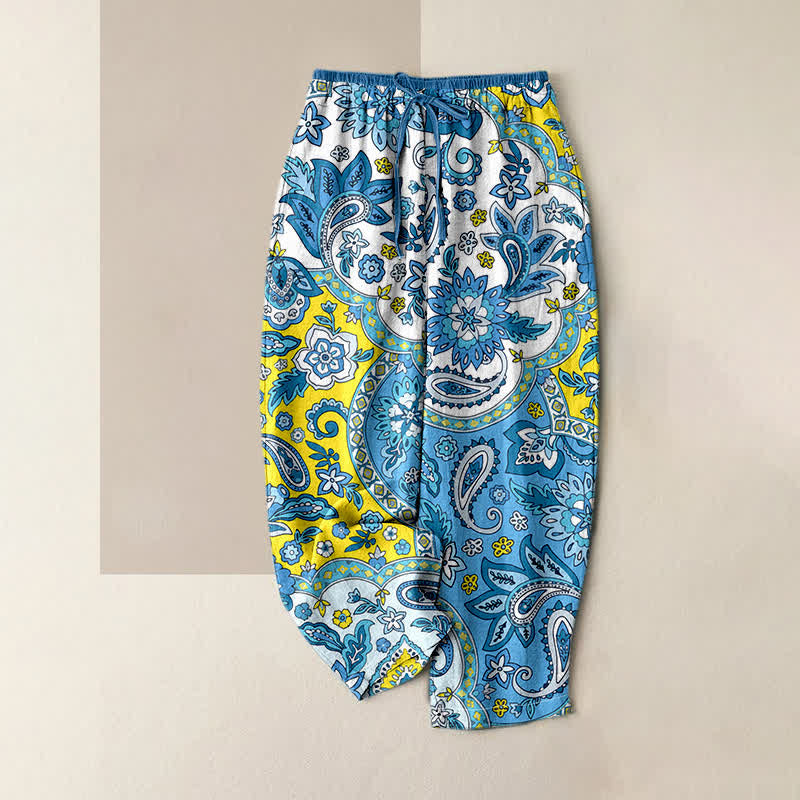 1777346207 Buddha Stones Pure Cotton Bohemian Paisley Floral Pattern Women's Elastic Waist Pants With Pockets - Image 1