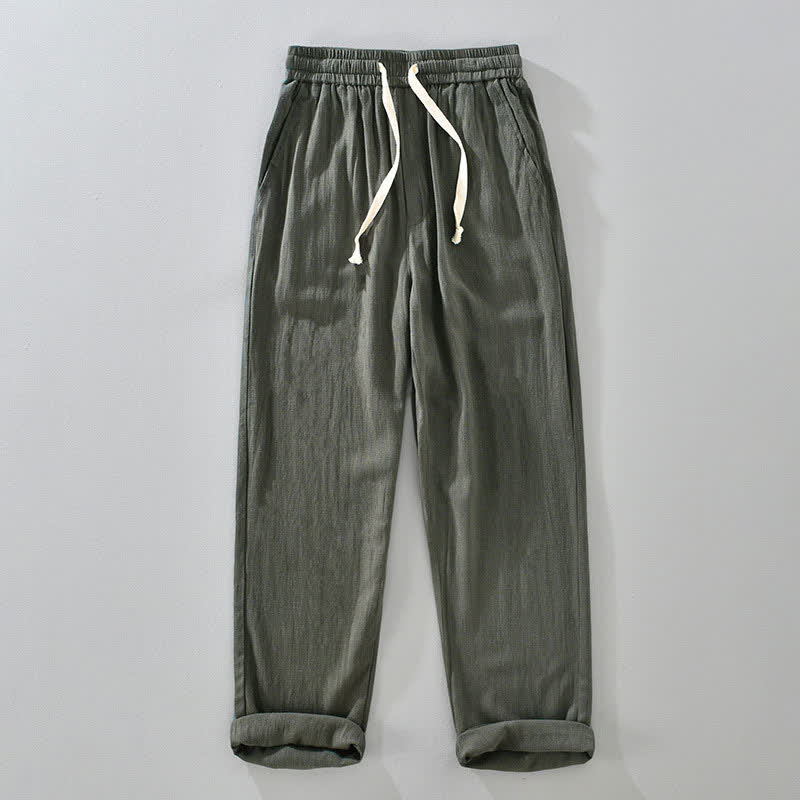 Buddha Stones Summer Casual Vintage Drawstring Solid Long Pants Men's Tapered Pants With Pockets