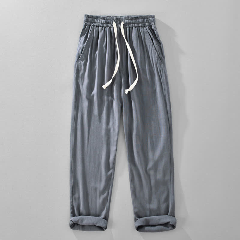 Buddha Stones Summer Casual Vintage Drawstring Solid Long Pants Men's Tapered Pants With Pockets