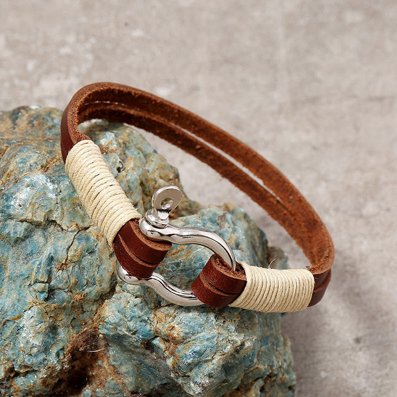 Buddha Stones Leather Double Wrap Winding Thread Shackle Balance Bracelet