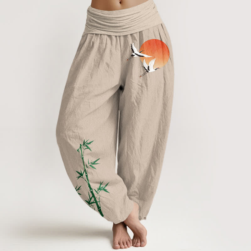 Buddha Stones Pure Cotton Sun Crane Bamboo Pattern Women's Elastic Waist Harem Pants