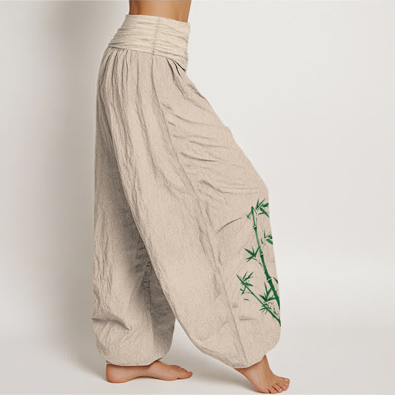 Buddha Stones Pure Cotton Sun Crane Bamboo Pattern Women's Elastic Waist Harem Pants