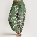 Buddha Stones Pure Cotton White Floral Vine Auspicious Cloud Pattern Women's Elastic Waist Harem Pants