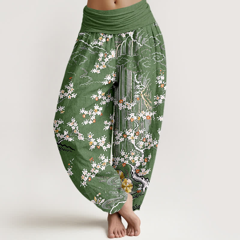 1778132167_d78065a3-6a6e-4634-bf53-9d76d781ac8d Buddha Stones Pure Cotton White Floral Vine Auspicious Cloud Pattern Women's Elastic Waist Harem Pants - Image 1