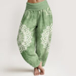 Buddha Stones Pure Cotton White Mandala Floral Pattern Women's Elastic Waist Harem Pants