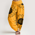 Buddha Stones Pure Cotton Sunflower Bloom Pattern Women's Elastic Waist Harem Pants