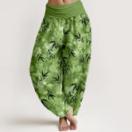Buddha Stones Pure Cotton Black Bamboo Leaf Pattern Women's Elastic Waist Harem Pants