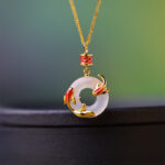 Buddha Stones White Chalcedony Koi Fish Success Peace Buckle Round Necklace