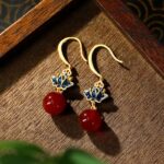 Buddha Stones Red Agate Lotus Enamel Gold Drop Confidence Earrings