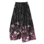 Buddha Stones Cotton Linen Black Sakura Pattern Women's Elastic Waist Wide Leg Pants With Pockets