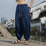 Buddha Stones Summer Casual Drawstring Chinese Character Carefree Embroidery Ankle Pants Men's Harem Pants With Pockets