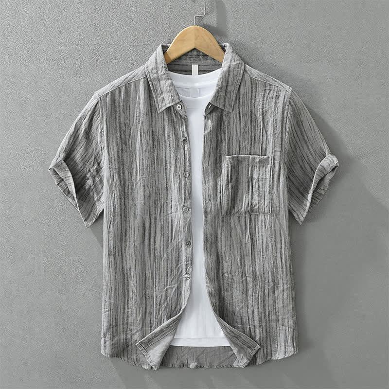 Buddha Stones Summer Casual Minimalist Button-Up Striped Men's Short Sleeve Shirts With Decorative Pocket