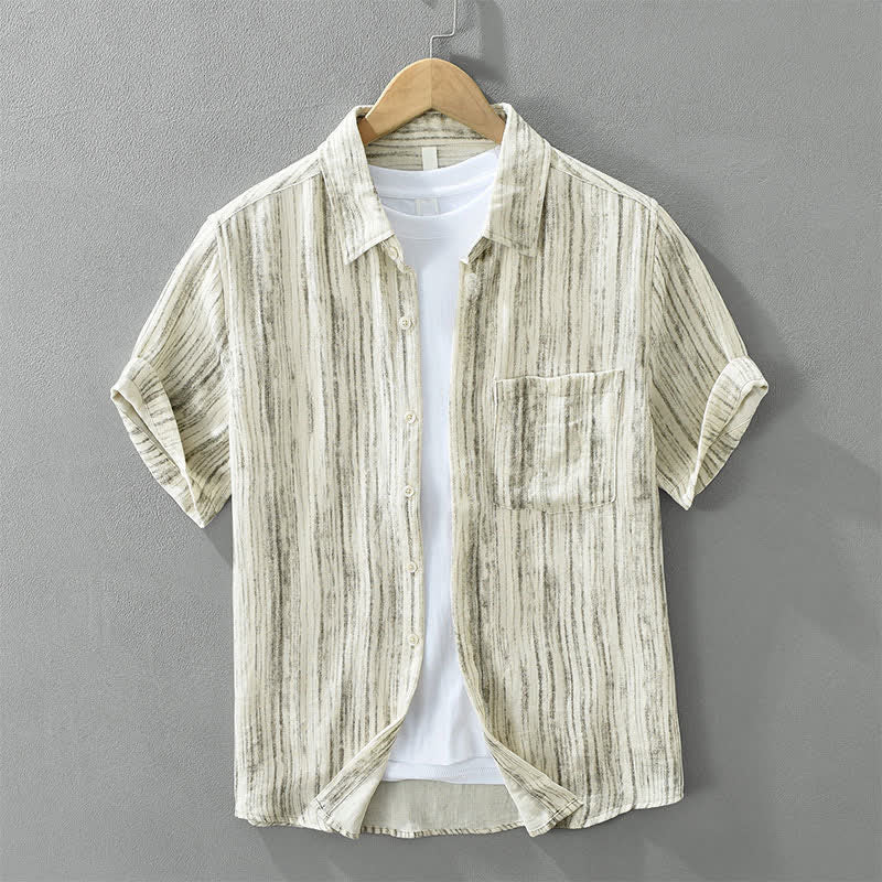 Buddha Stones Summer Casual Minimalist Button-Up Striped Men's Short Sleeve Shirts With Decorative Pocket