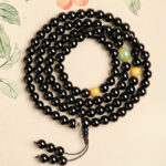 Buddha Stones Black Obsidian Chinese Zodiac Protection Hand Polished 108 Bead Tassel Mala