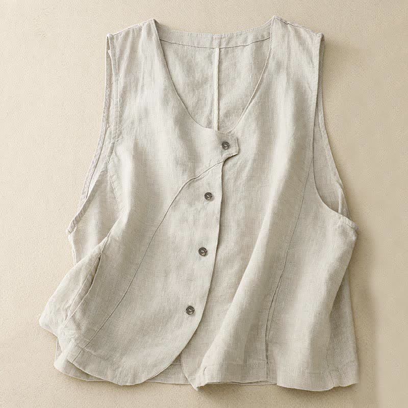 Buddha Stones Summer Casual Minimalist Lines Button-Up Solid Women's Sleeveless Shirts Tank Top With Pocket
