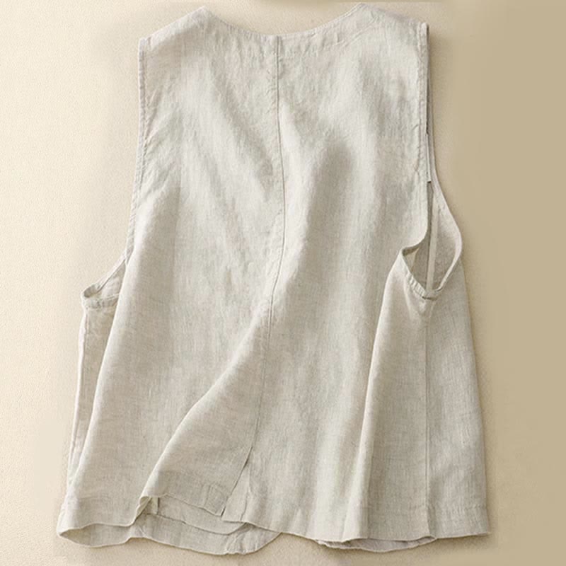 Buddha Stones Summer Casual Minimalist Lines Button-Up Solid Women's Sleeveless Shirts Tank Top With Pocket