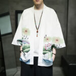 Buddha Stones Summer Casual Lotus Leaves Butterfly Crane Print Open Front Men's Kimono