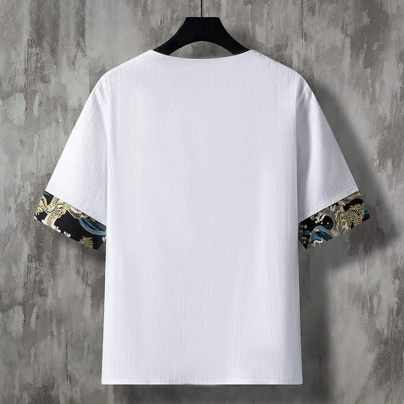 Buddha Stones Summer Casual Frog Button Flower Embroidery Men's Short Sleeve Shirts