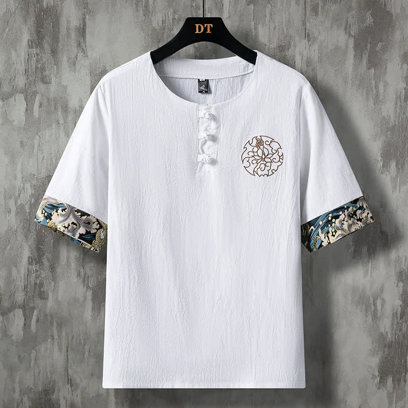 Buddha Stones Summer Casual Frog Button Flower Embroidery Men's Short Sleeve Shirts