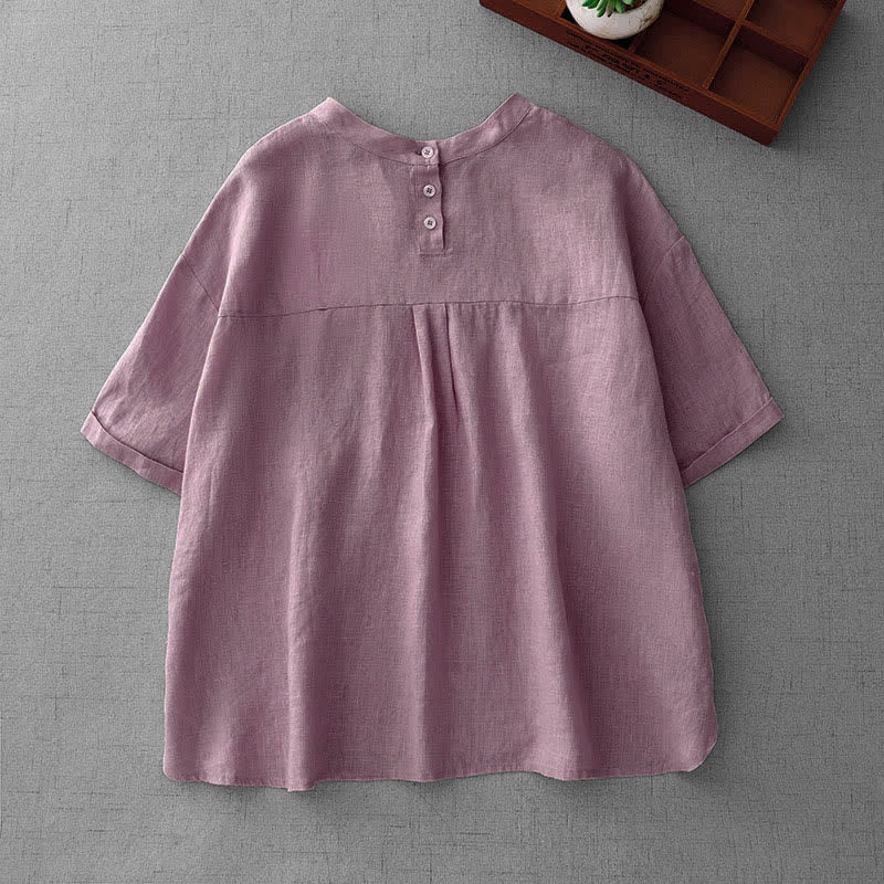 Buddha Stones Summer Casual Minimalist Back Buttons Solid Women's Short Sleeve T-Shirts With Front Pockets