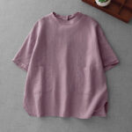 Buddha Stones Summer Casual Minimalist Back Buttons Solid Women's Short Sleeve T-Shirts With Front Pockets