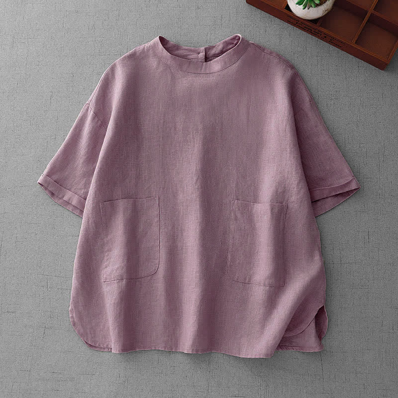 Buddha Stones Summer Casual Minimalist Back Buttons Solid Women's Short Sleeve T-Shirts With Front Pockets