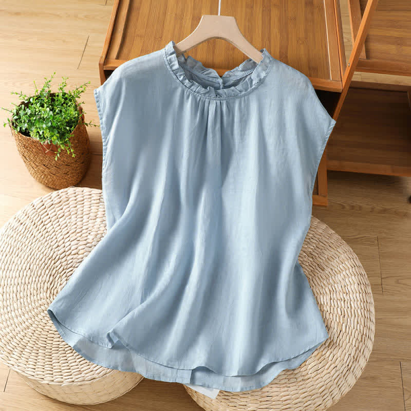 Buddha Stones Summer Casual Ruffled Collar Back Button-up Solid Women's Sleeveless Shirts