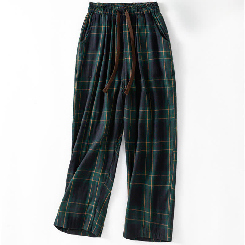 Buddha Stones Spring Casual Drawstring Plaid Pattern Elastic Waist Cropped Women's Harem Pants With Pockets