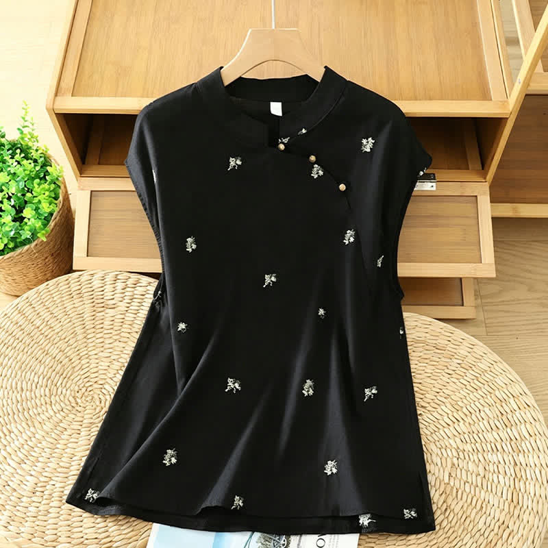 Buddha Stones Summer Vintage Tang Style Mandarin Collar Embroidery Small Floral Tank Top Women's Sleeveless Shirts