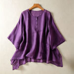 Buddha Stones Summer Casual Boho Patch Pocket Half Button Solid Bell Sleeve Women's Short Sleeve Shirts