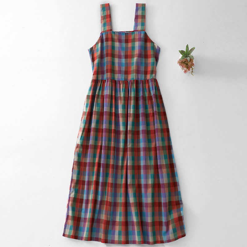 Buddha Stones Summer Casual Vintage Drawstring Rainbow Plaid Women's Summer Sleeveless Dress