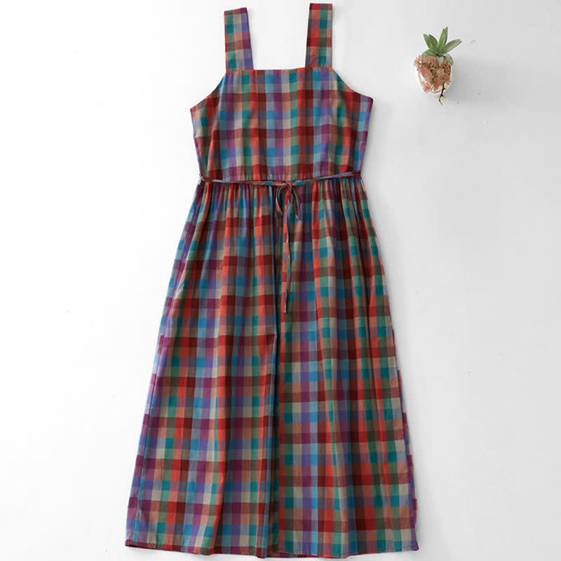 Buddha Stones Summer Casual Vintage Drawstring Rainbow Plaid Women's Summer Sleeveless Dress