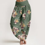 Buddha Stones Pure Cotton Vintage Floral Pattern Women's Elastic Waist Harem Pants