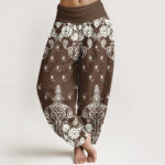 Buddha Stones Pure Cotton White Paisley Floral Pattern Women's Elastic Waist Harem Pants