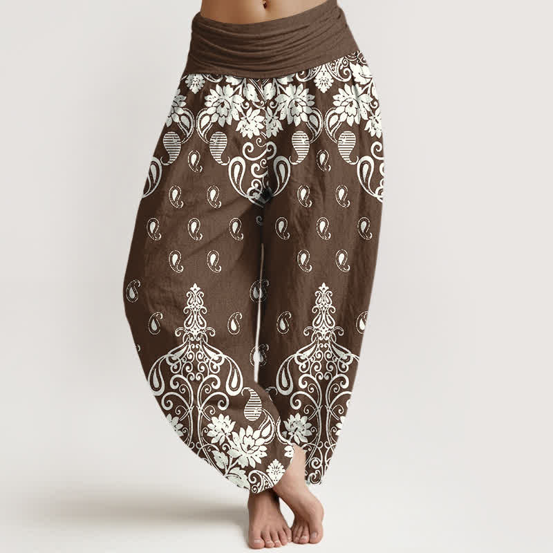 1778493879_53b74de1-09b6-4335-9aff-9313399500f6 Buddha Stones Pure Cotton White Paisley Floral Pattern Women's Elastic Waist Harem Pants - Image 1