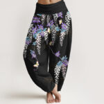 Buddha Stones Pure Cotton Wisteria Butterfly Pattern Women's Elastic Waist Harem Pants