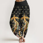 Buddha Stones Cotton Gold Phoenix Pattern Women's Elastic Waist Harem Pants